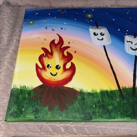 Campfire Marshmallows Rainbow Acrylic Painting on Canvas 11 x 14” Nursery Decor - Picture 2 of 7